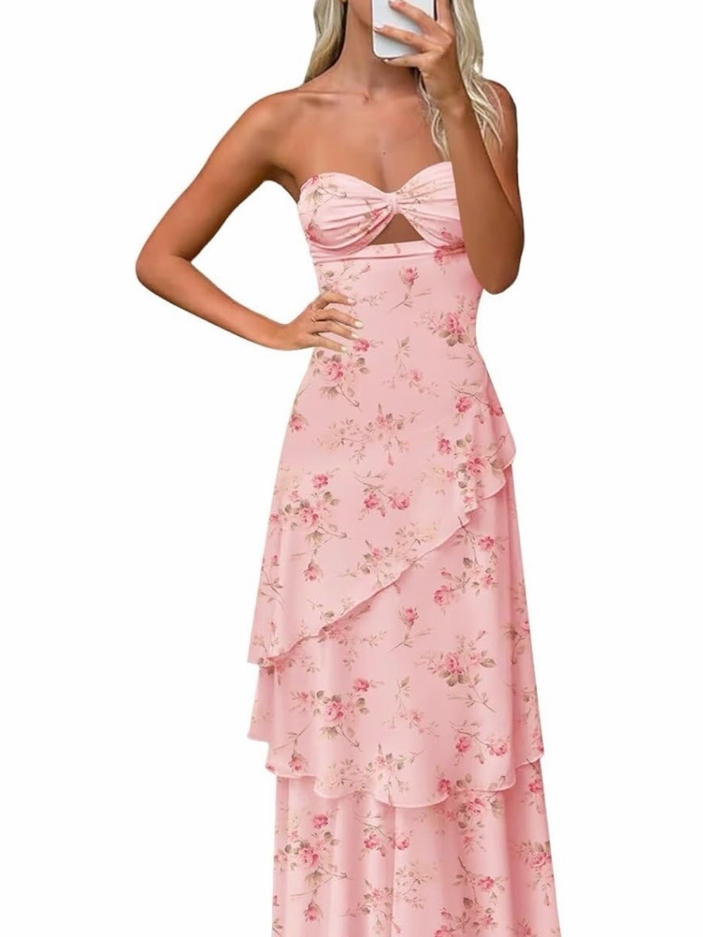 Strapless Pink Floral Ruffle Maxi Dress